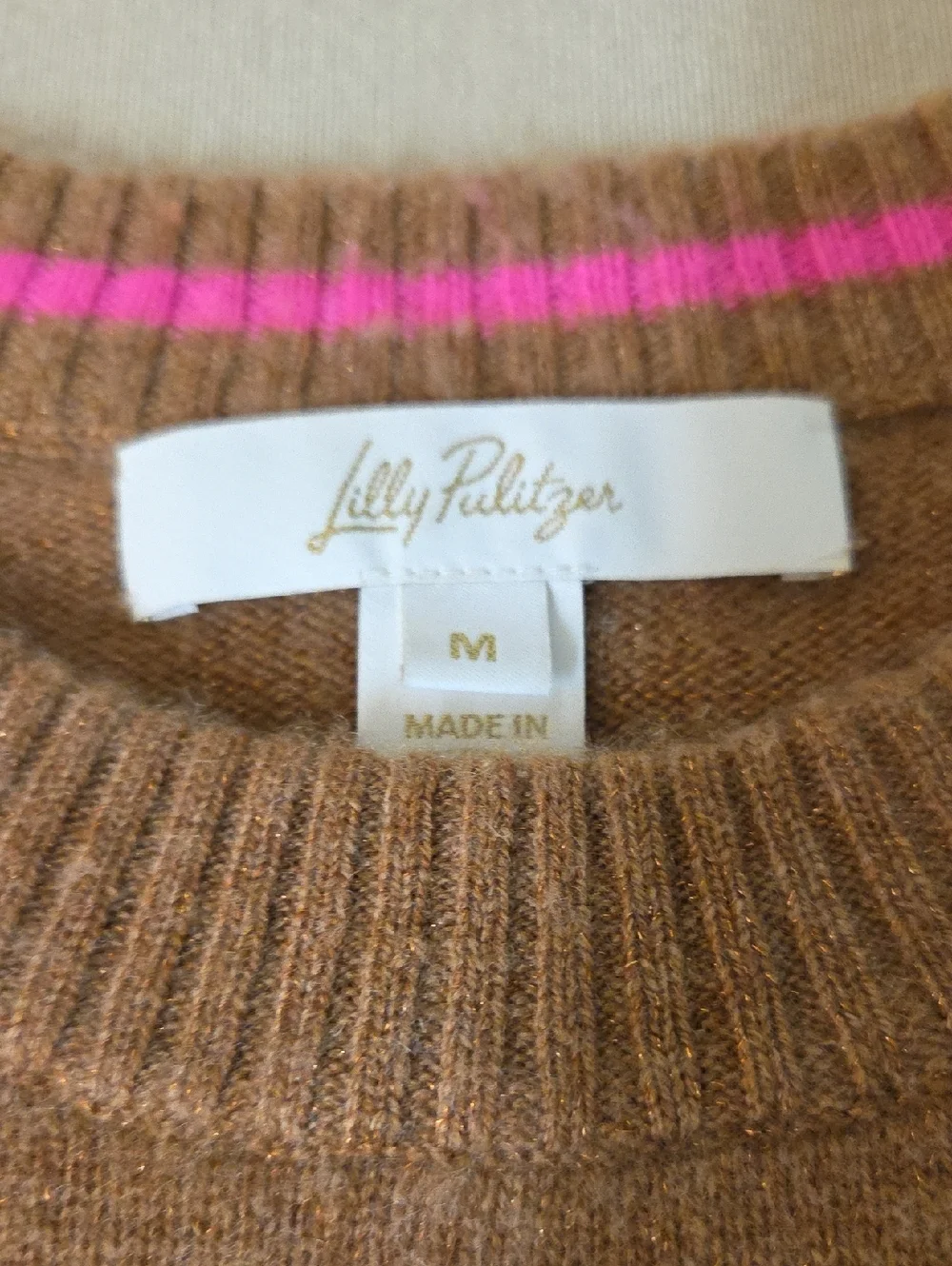 Lilly Pulitzer Charlisa Cashmere Brown Sweater with Pink Cuffs Medium - Picture 7 of 9